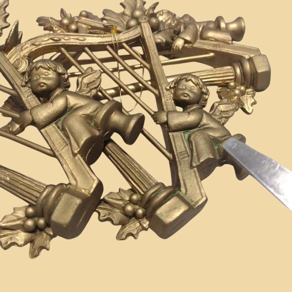 Vintage Angel Cherub Playing Harp Gold Plastic Christmas Ornaments ITALY 3x Lot - Picture 8 of 9